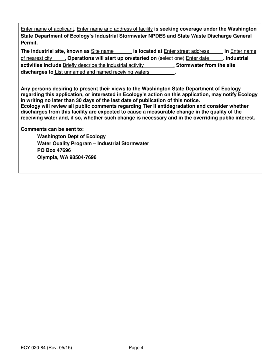 Form ECY020-84 Industrial Stormwater General Permit Application Form (Notice of Intent) - Washington, Page 4