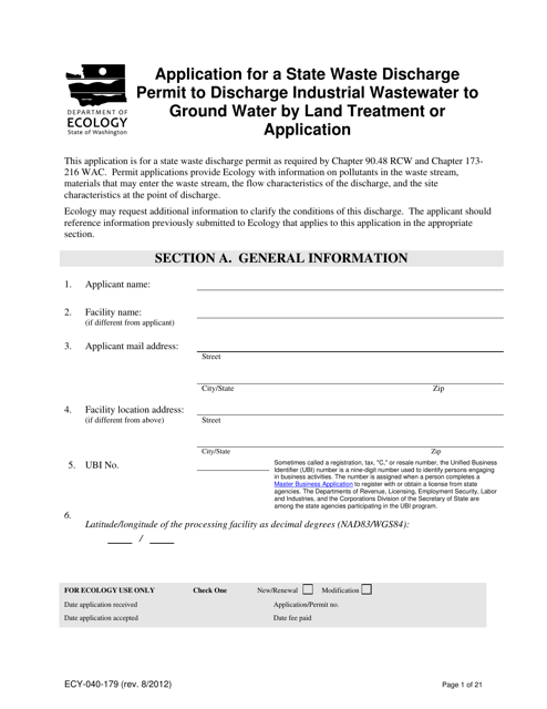 Form ECY040-179 Application for a State Waste Discharge Permit to Discharge Industrial Wastewater to Ground Water by Land Treatment or Application - Washington