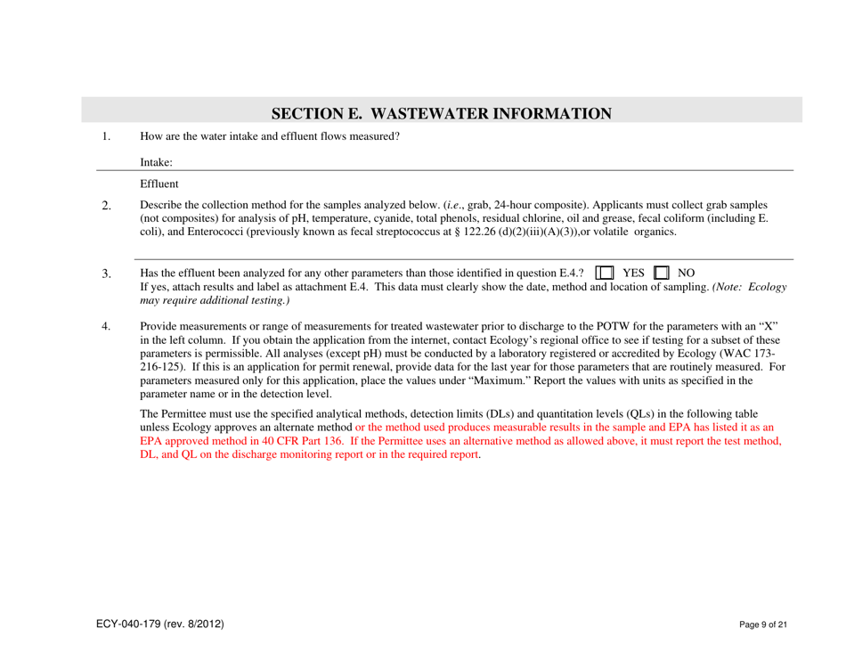 Form ECY040-179 Application for a State Waste Discharge Permit to Discharge Industrial Wastewater to Ground Water by Land Treatment or Application - Washington, Page 9