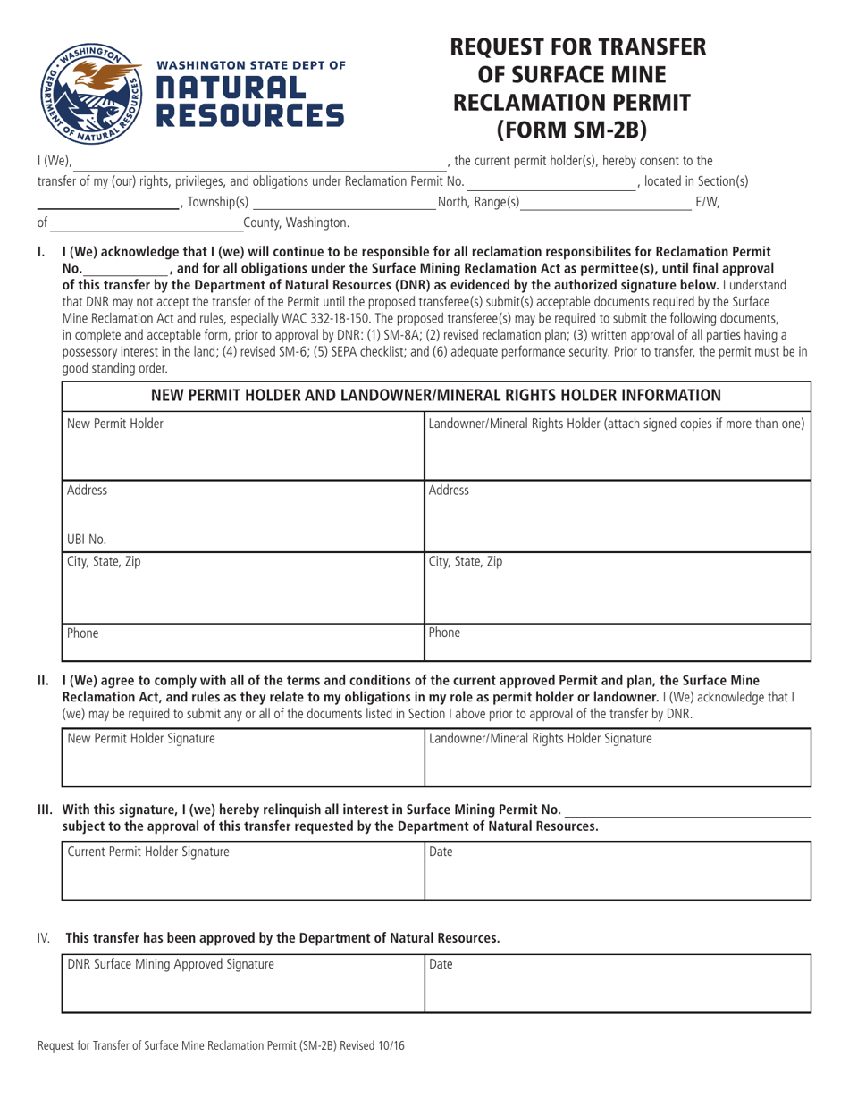 Form SM-2B Request for Transfer of Surface Mine Reclamation Permit - Washington, Page 1