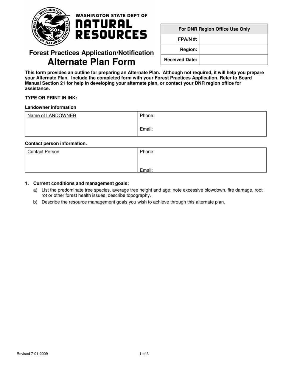 Forest Practices Application / Notification Alternate Plan Form - Washington, Page 1
