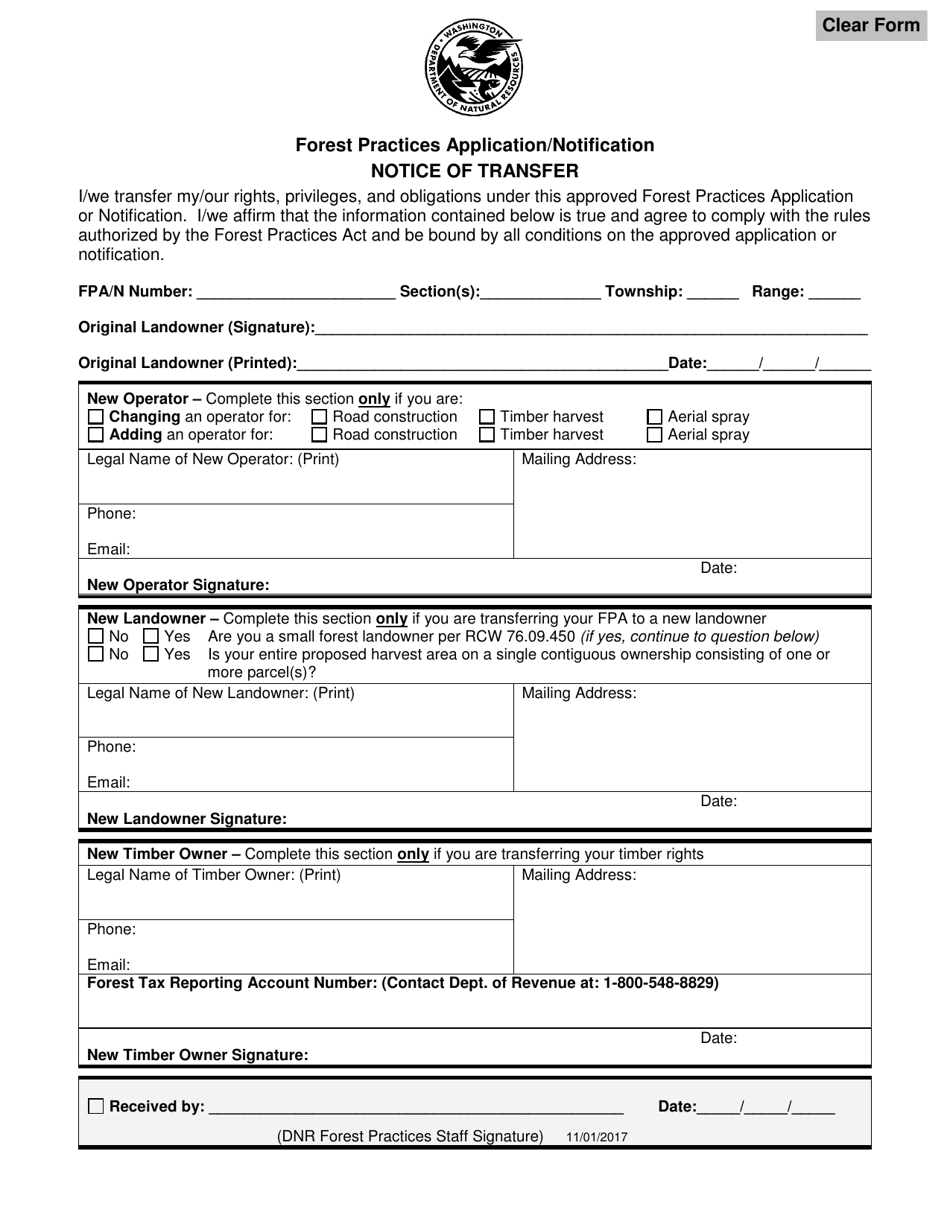 Forest Practices Application / Notification Notice of Transfer - Washington, Page 1