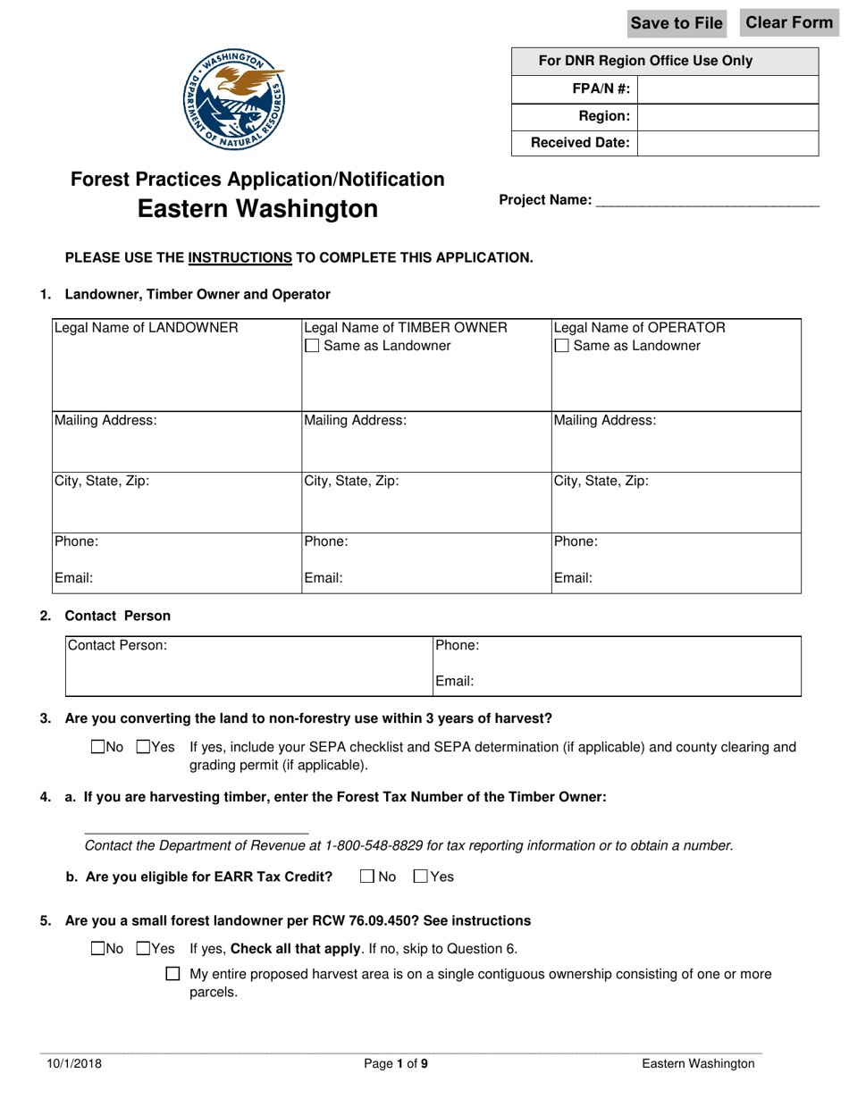 Forest Practices Application / Notification - Eastern Washington - Washington, Page 1