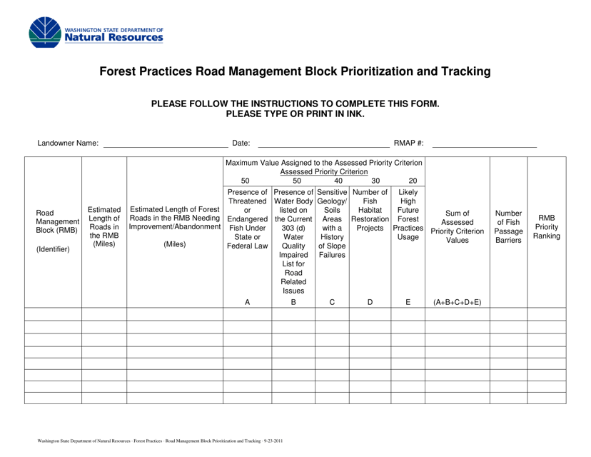 Forest Practices Road Management Block Prioritization and Tracking - Washington Download Pdf
