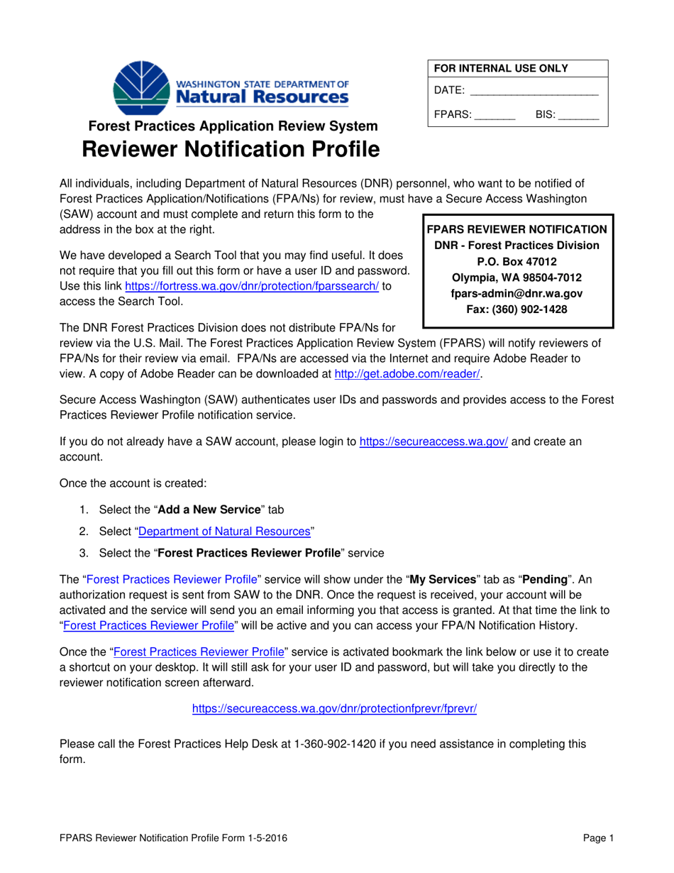 Forest Practices Application Review System Reviewer Notification Profile Form - Washington, Page 1
