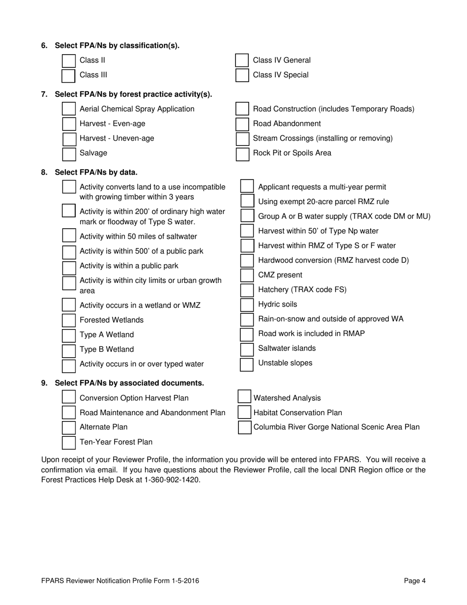 Forest Practices Application Review System Reviewer Notification Profile Form - Washington, Page 4