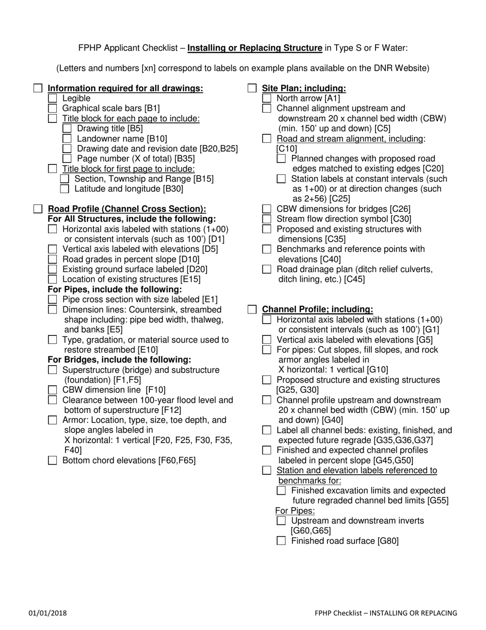 Fphp Applicant Checklist  Installing or Replacing Structure in Type S or F Water - Washington, Page 1