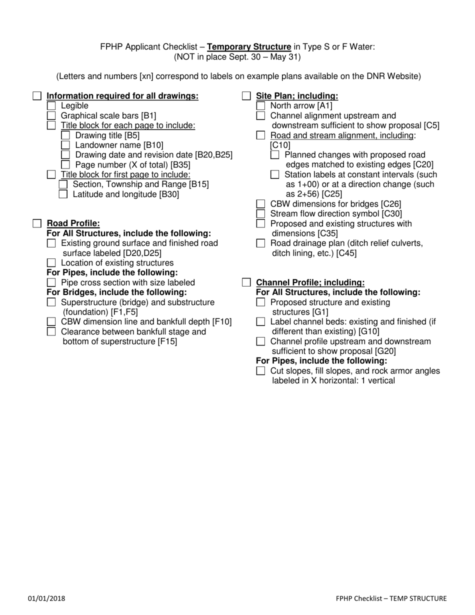 Fphp Applicant Checklist  Temporary Structure in Type S or F Water - Washington, Page 1