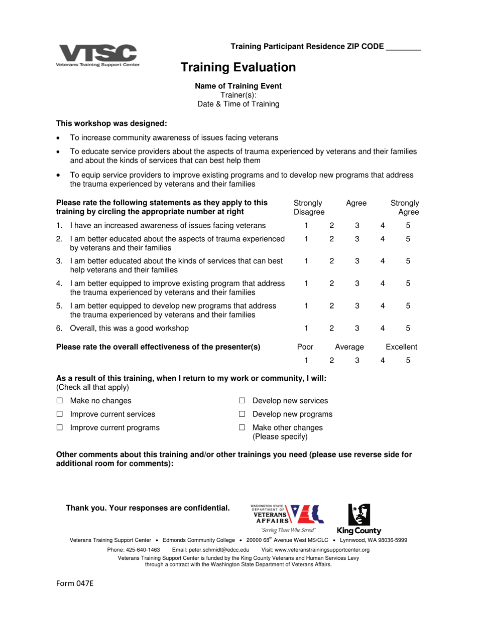 Form 047E Training Evaluation - Washington, Page 1