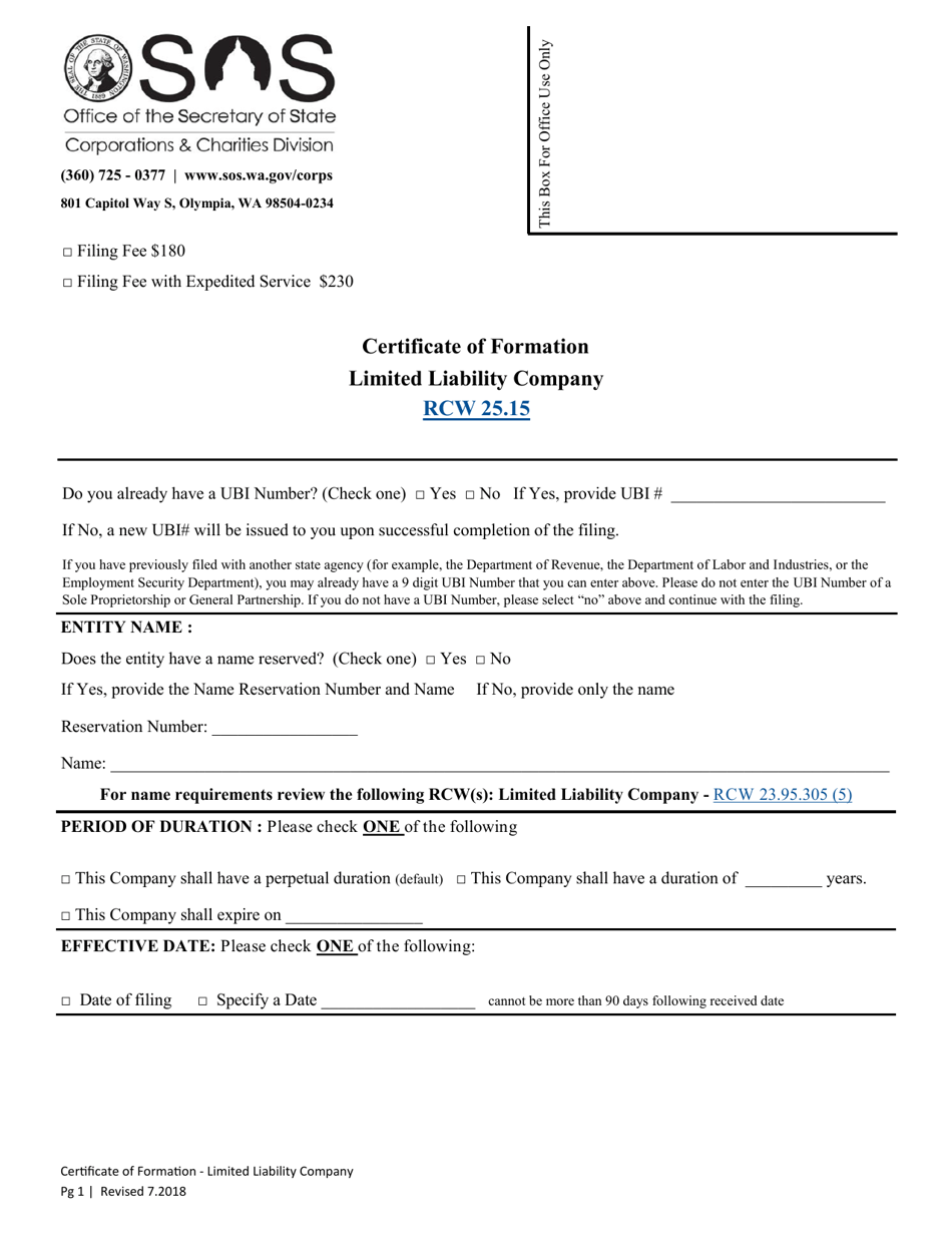 Certificate of Formation - Limited Liability Company - Washington, Page 1