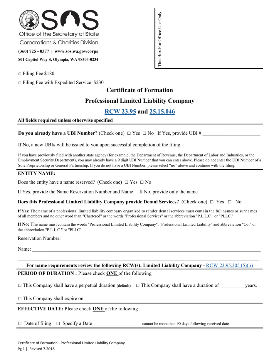 Certificate of Formation - Professional Limited Liability Company - Washington, Page 1