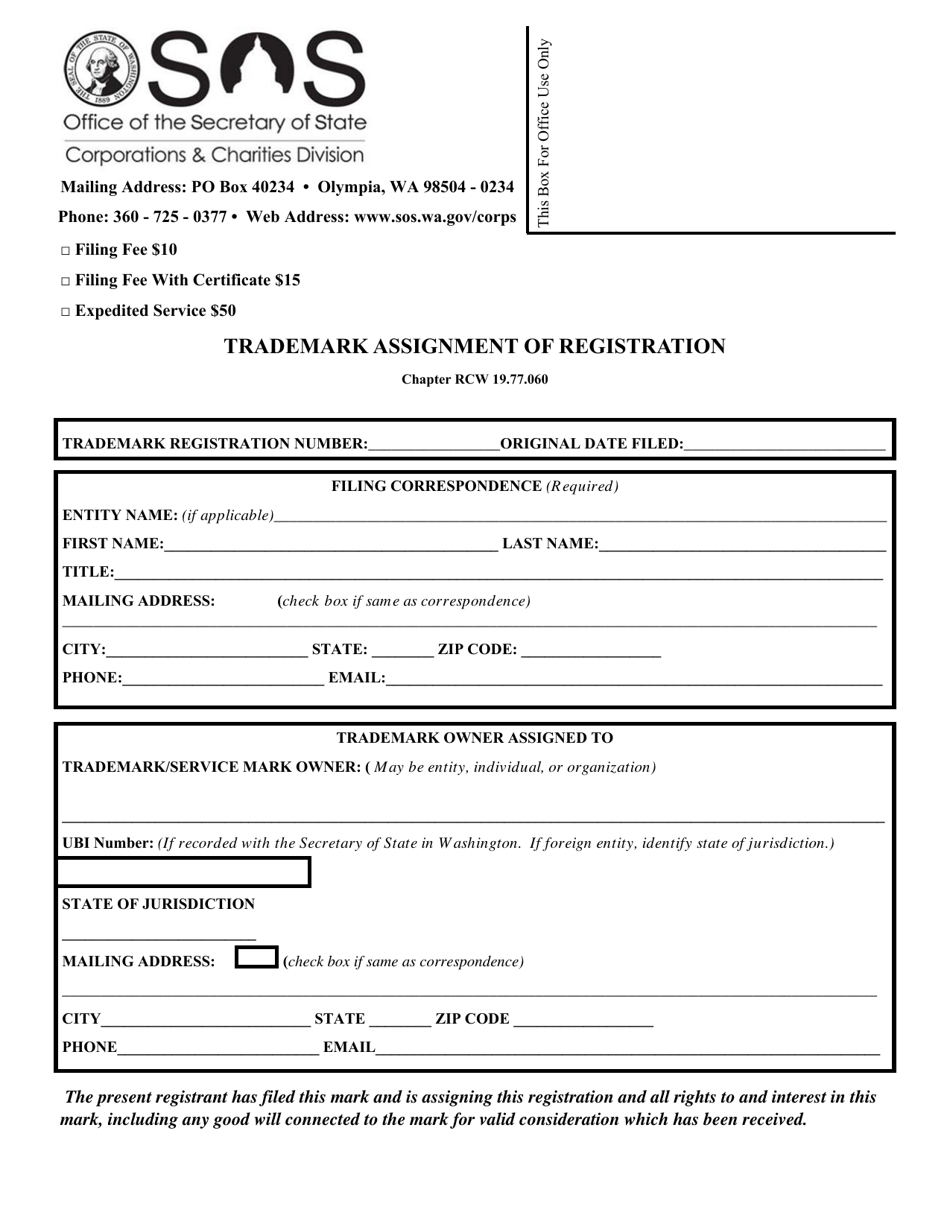 Trademark Assignment of Registration - Washington, Page 1