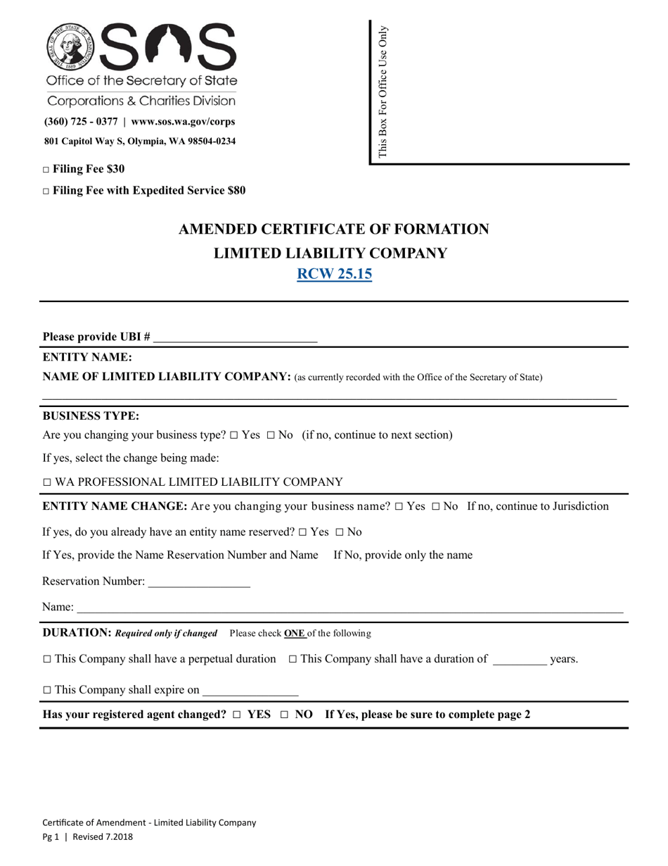Amended Certificate of Formation - Limited Liability Company - Washington, Page 1