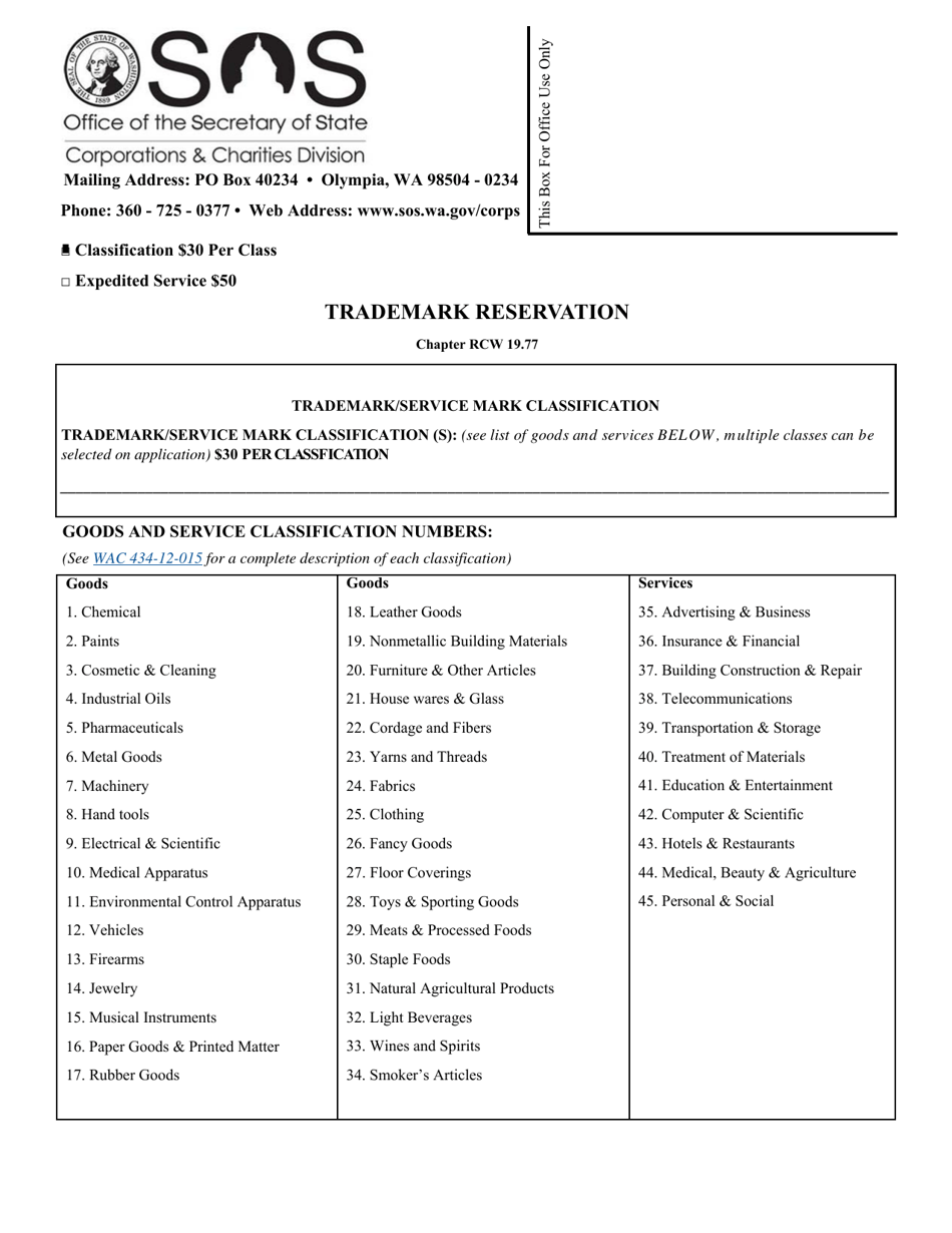 Trademark Reservation Form - Washington, Page 1