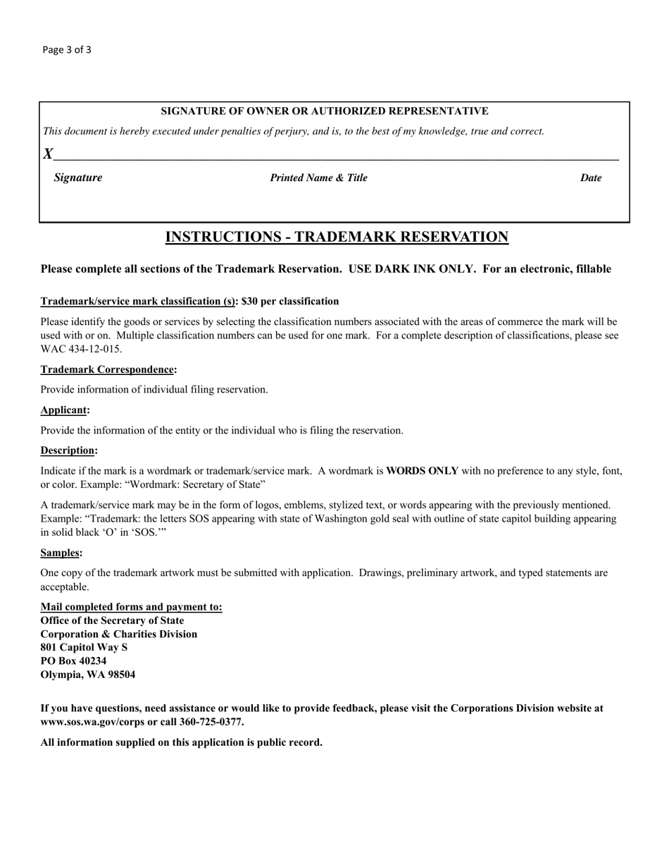 Trademark Reservation Form - Washington, Page 3