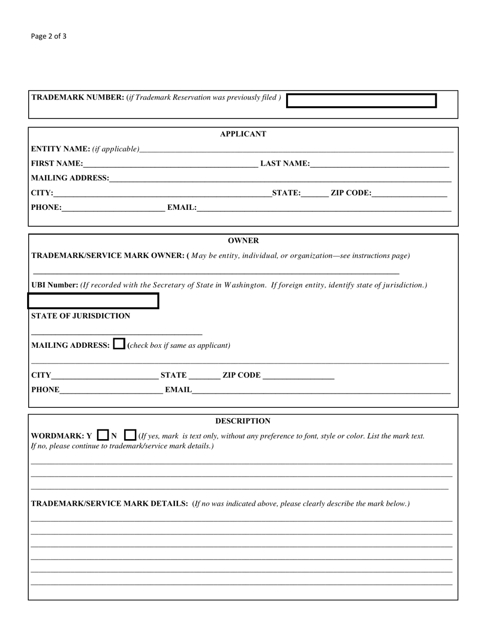 Trademark Registration Form - Washington, Page 2