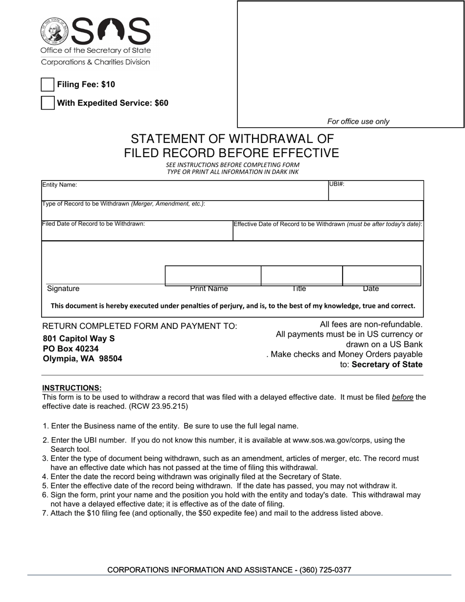 Washington Statement of Withdrawal of Filed Record Before Effective