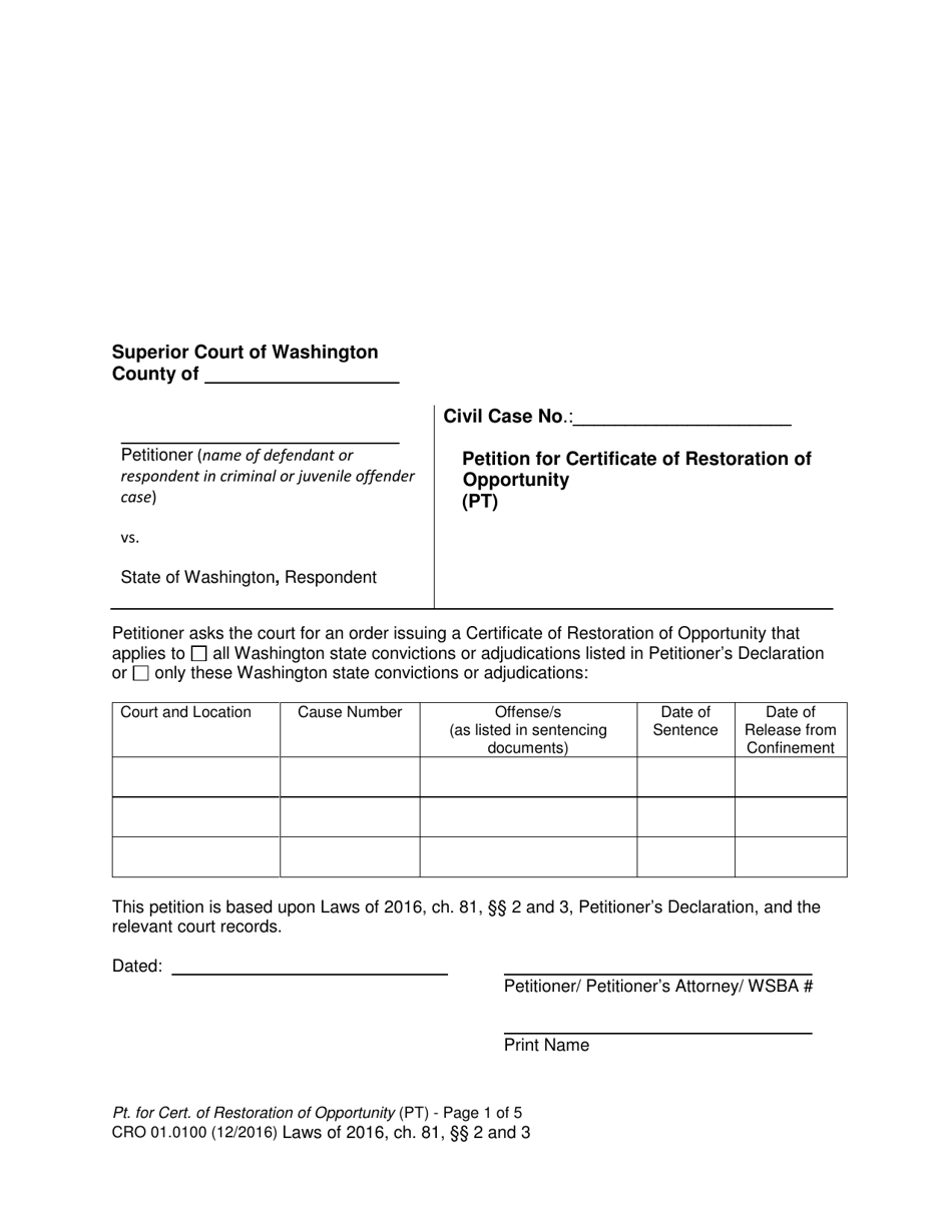 Form CRO01.0100 Petition for Certificate of Restoration of Opportunity - Washington, Page 1