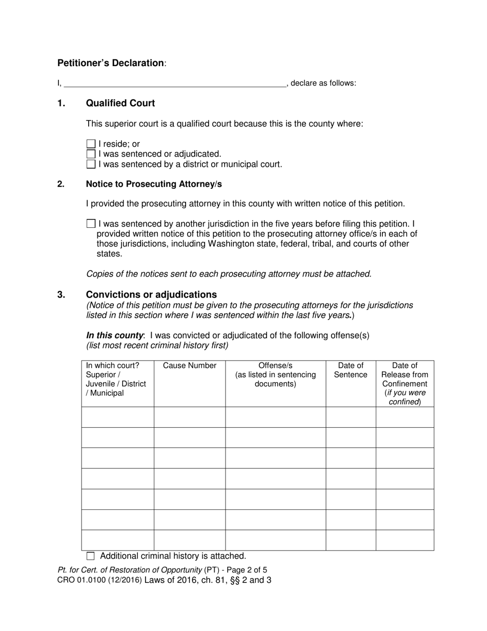 Form CRO01.0100 Petition for Certificate of Restoration of Opportunity - Washington, Page 2