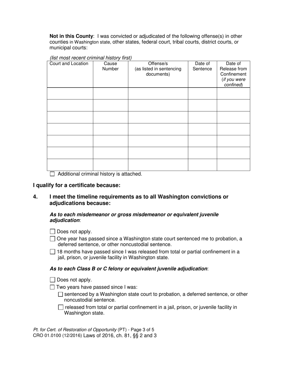 Form CRO01.0100 Petition for Certificate of Restoration of Opportunity - Washington, Page 3