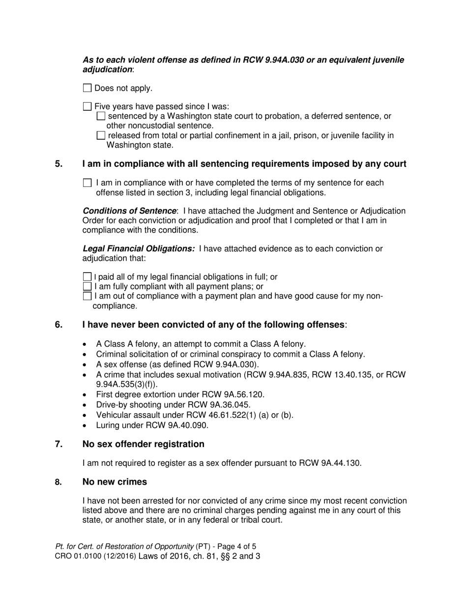Form CRO01.0100 Petition for Certificate of Restoration of Opportunity - Washington, Page 4