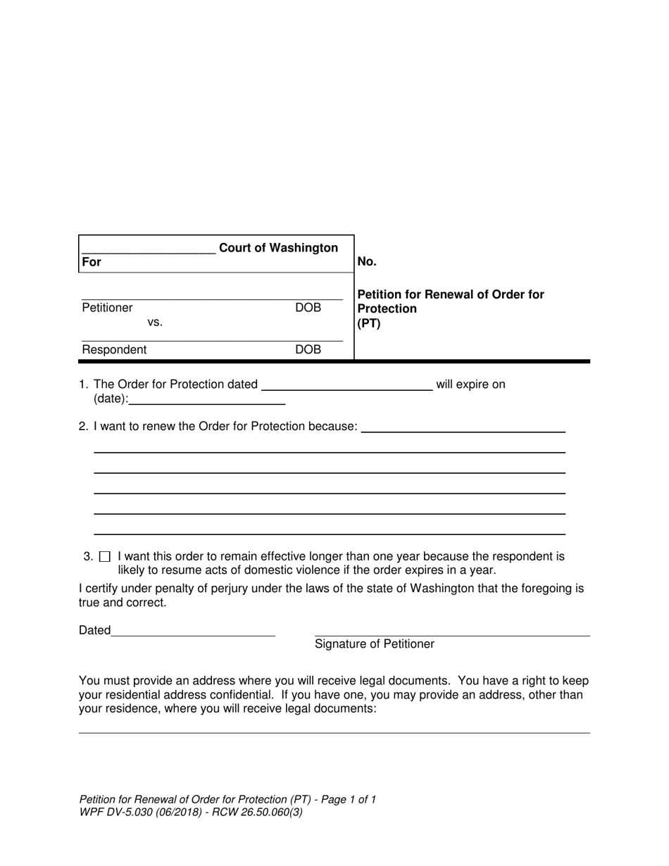 Form WPF DV-5.030 Petition for Renewal of Order for Protection - Washington, Page 1