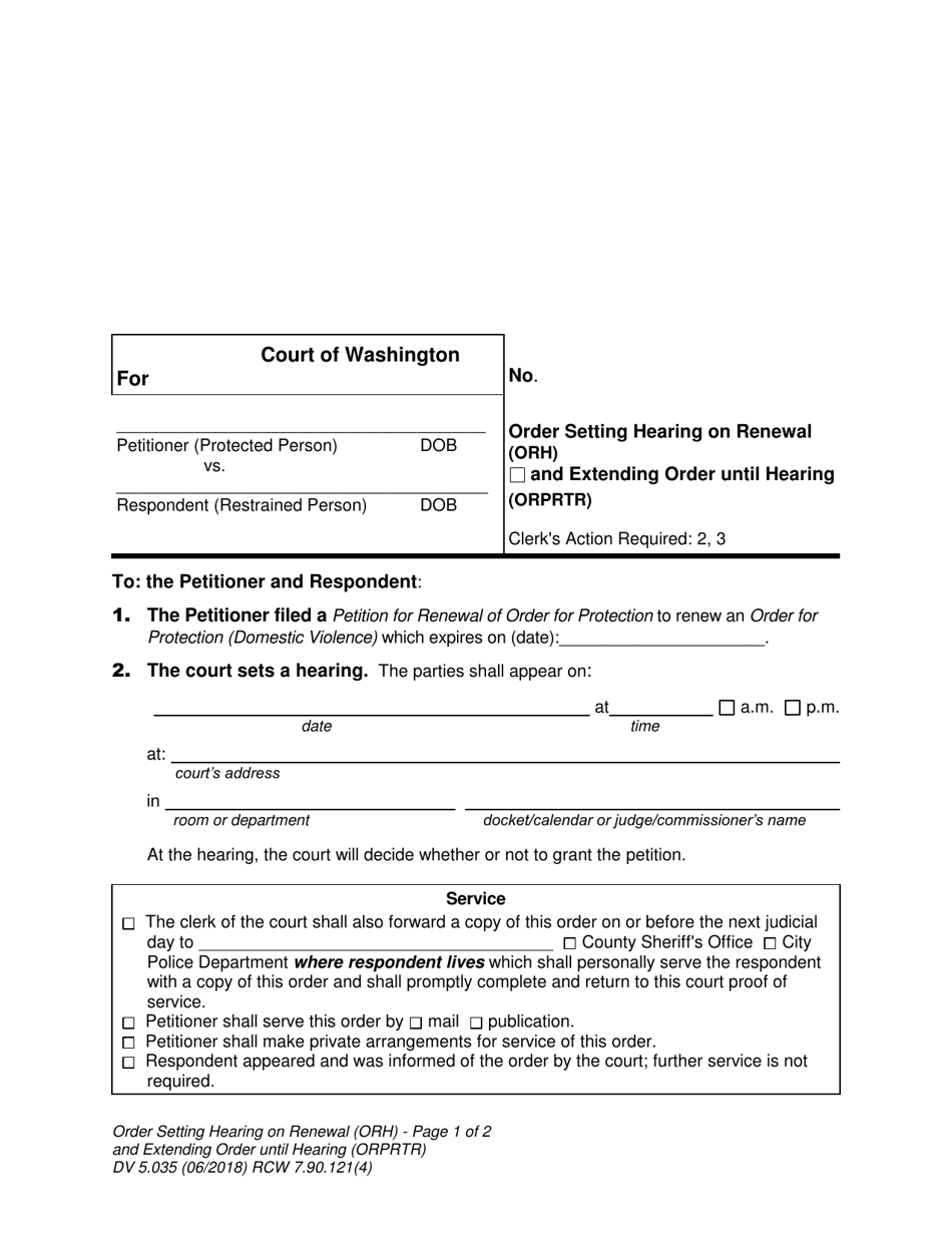 Form WPF DV5.035 Order Setting Hearing on Renewal and Extending Order Until Hearing - Washington, Page 1