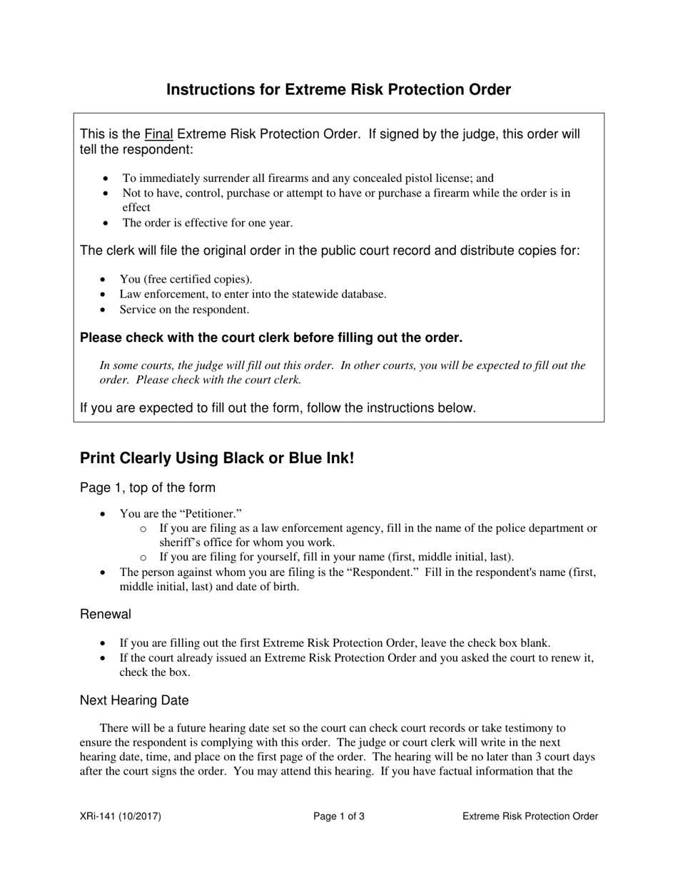 Instructions for Form XR141 Extreme Risk Protection Order - Washington, Page 1