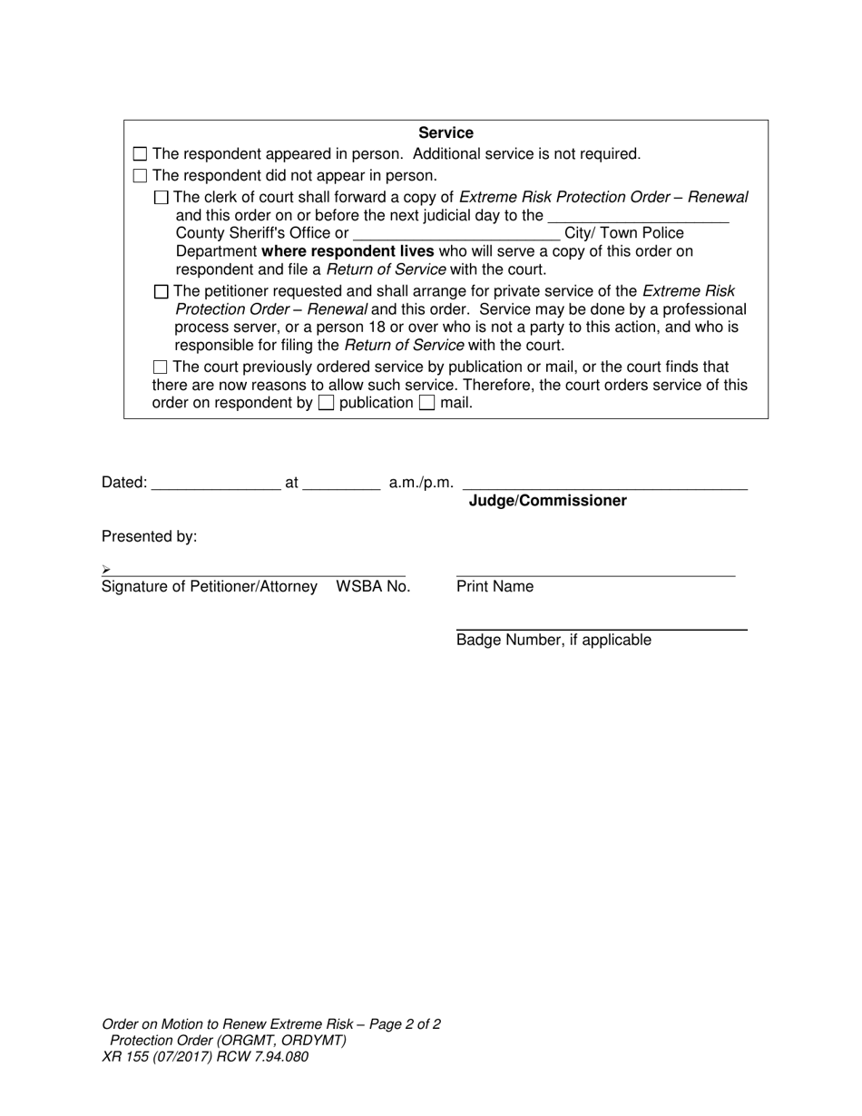 Form XR155 Order on Motion to Renew Extreme Risk Protection Order (Orgmt, Ordymt) - Washington, Page 2