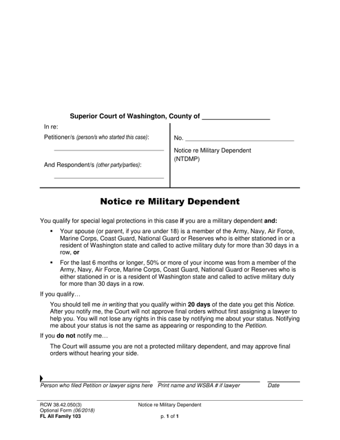 Form FL All Family103 Notice Re Military Dependent - Washington