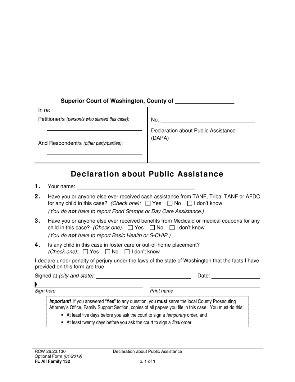 Form FL All Family132 Declaration About Public Assistance - Washington, Page 1