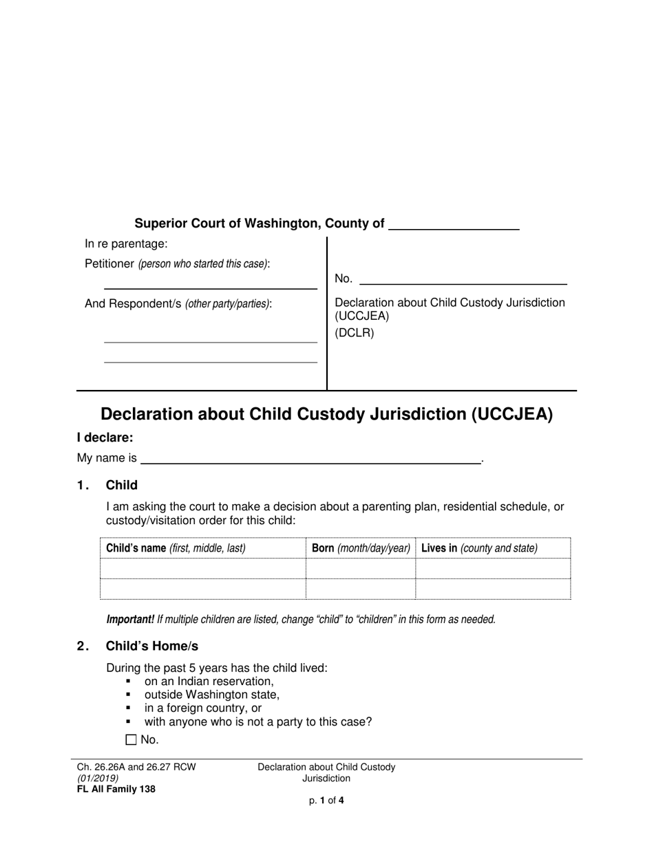 Form FL All Family138 Declaration About Child Custody Jurisdiction (Uccjea) - Washington, Page 1