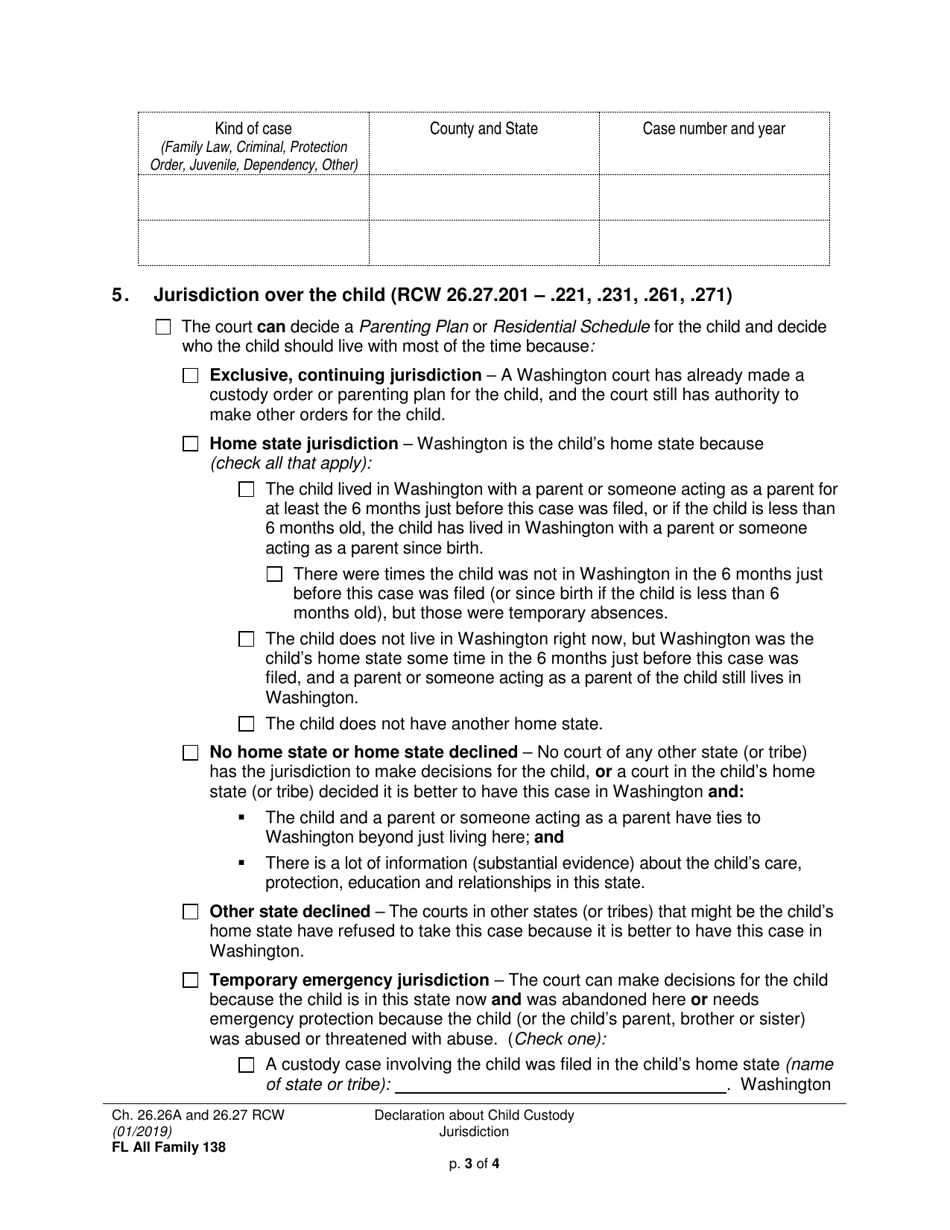 Form FL All Family138 Declaration About Child Custody Jurisdiction (Uccjea) - Washington, Page 3