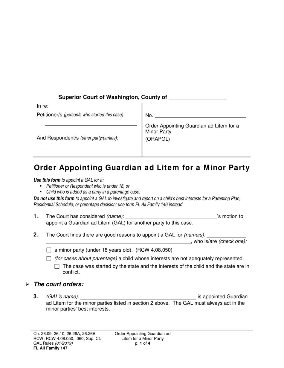 Form FL All Family147 Order Appointing Guardian Ad Litem for a Minor Party - Washington, Page 1