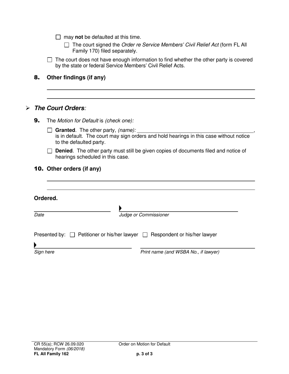Form FL All Family162 Order on Motion for Default - Washington, Page 3