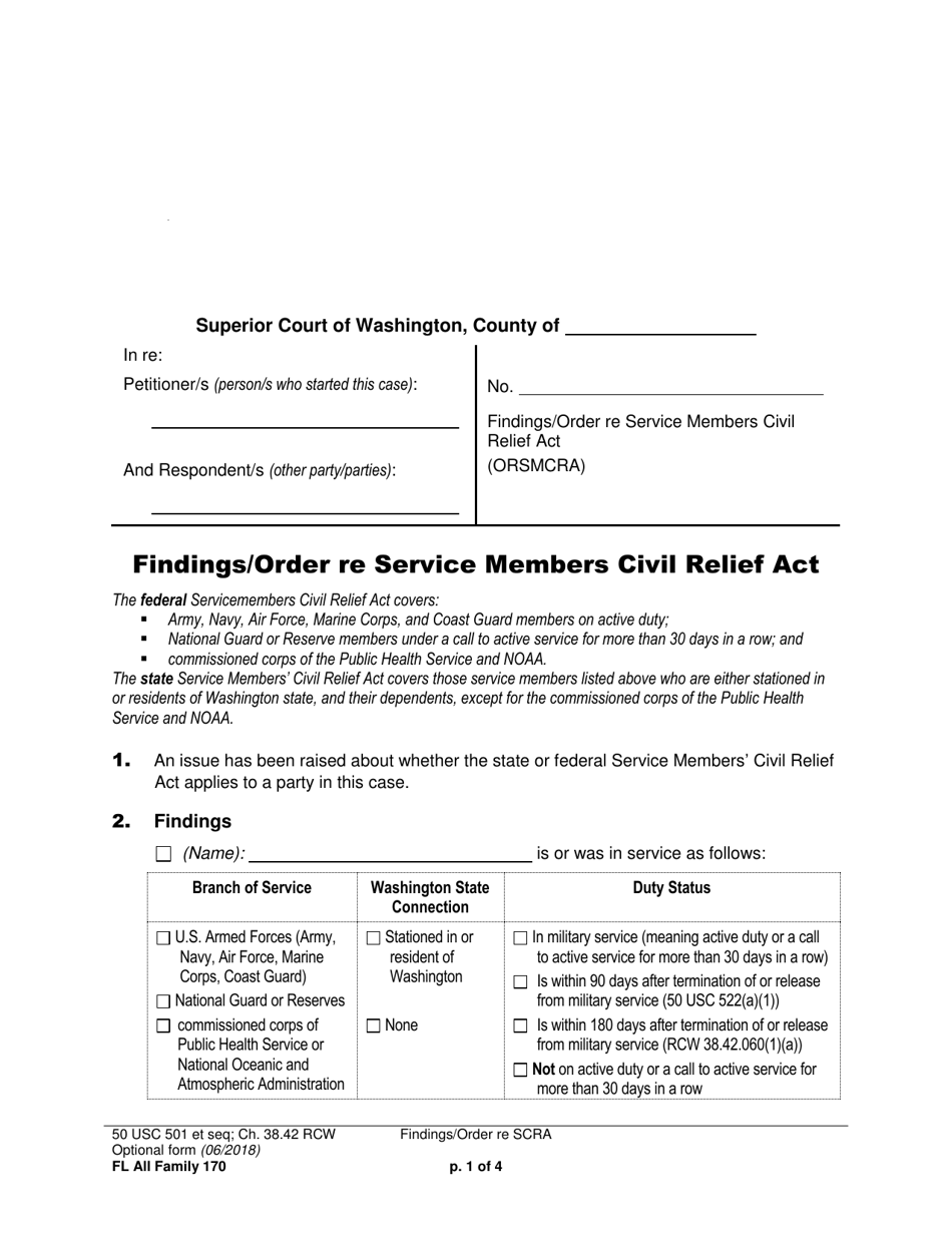 Form FL All Family170 Findings / Order Re Service Members Civil Relief Act - Washington, Page 1