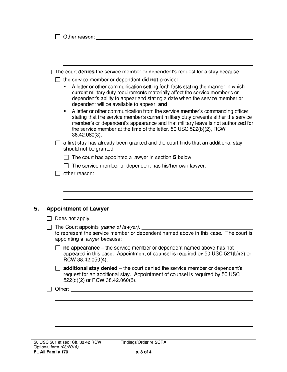Form FL All Family170 Findings / Order Re Service Members Civil Relief Act - Washington, Page 3