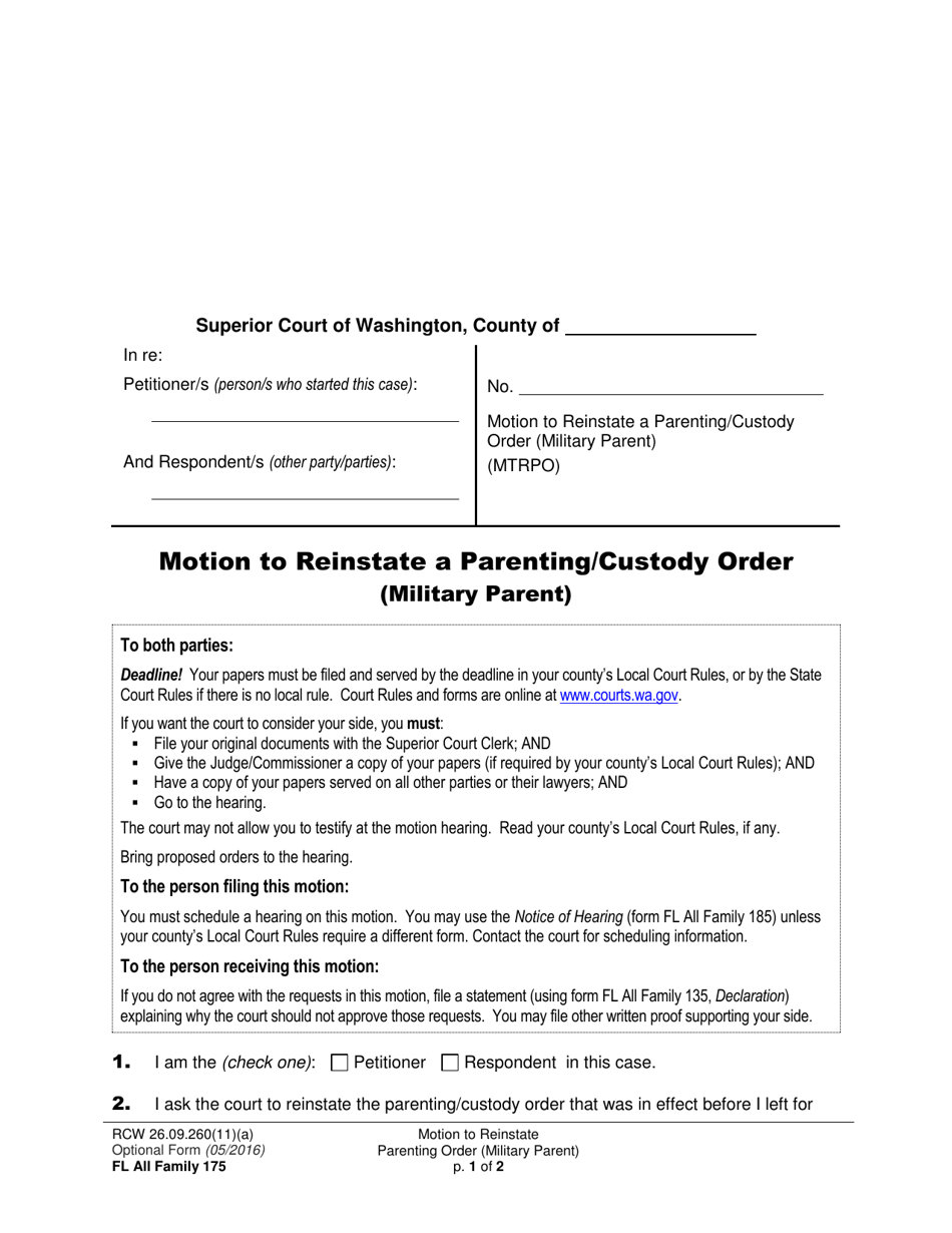 Form FL All Family175 Motion to Reinstate a Parenting / Custody Order (Military Parent) - Washington, Page 1