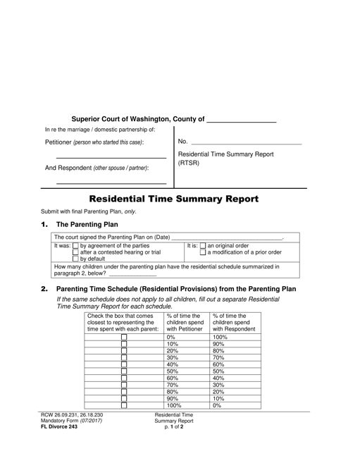 Form FL Divorce243 Residential Time Summary Report - Washington