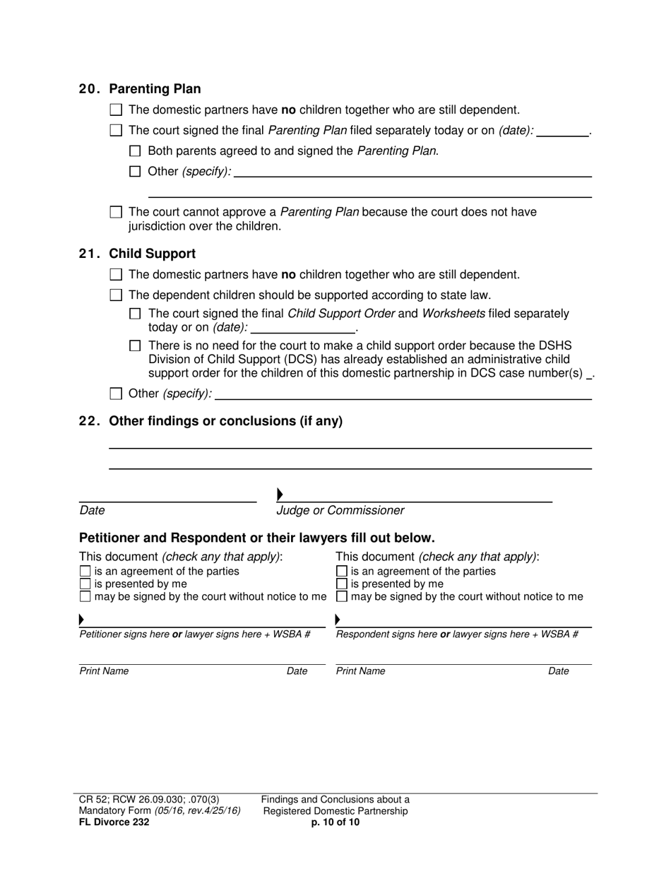Form FL Divorce232 Findings and Conclusions About a Registered Domestic Partnership - Washington, Page 10