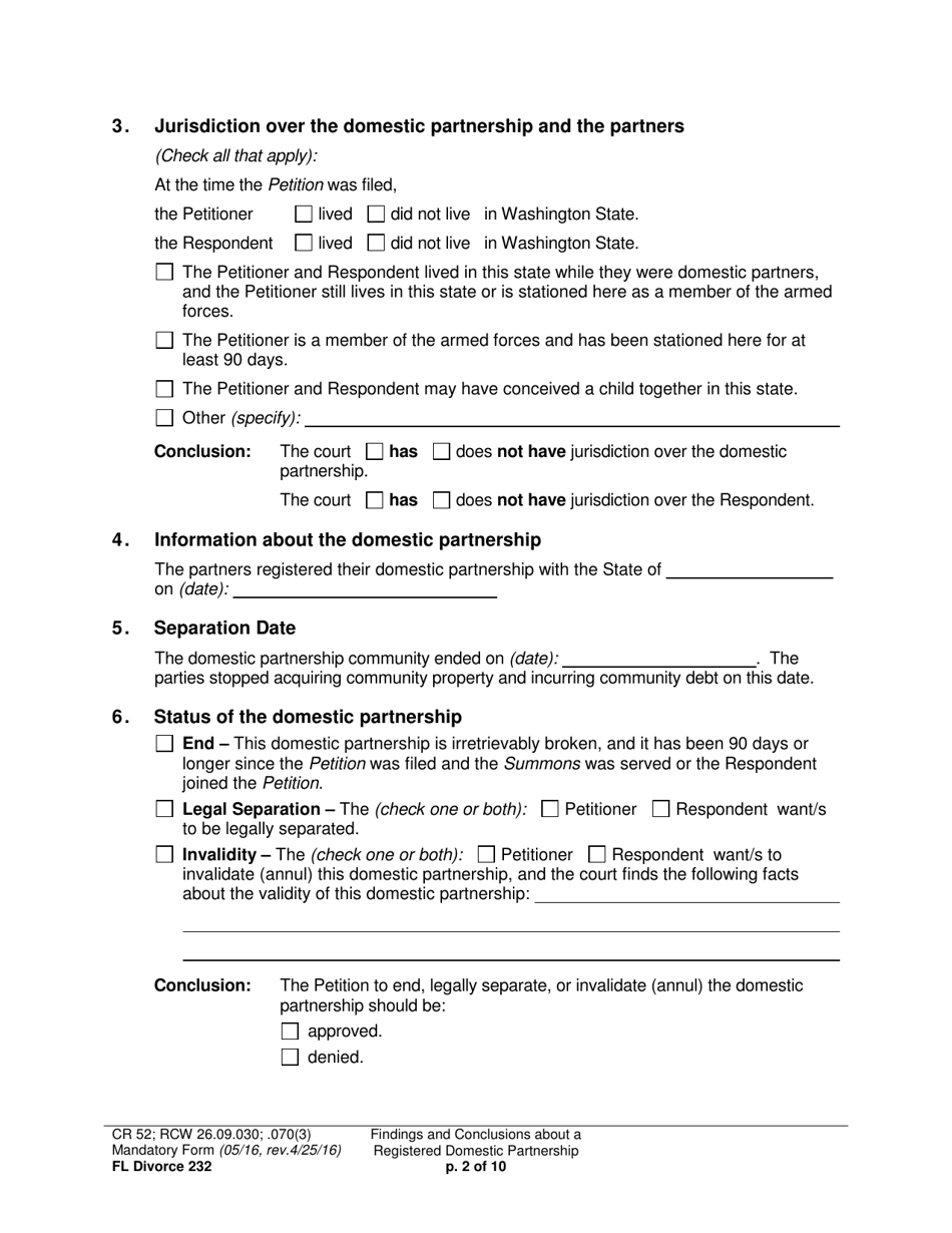 Form FL Divorce232 Findings and Conclusions About a Registered Domestic Partnership - Washington, Page 2