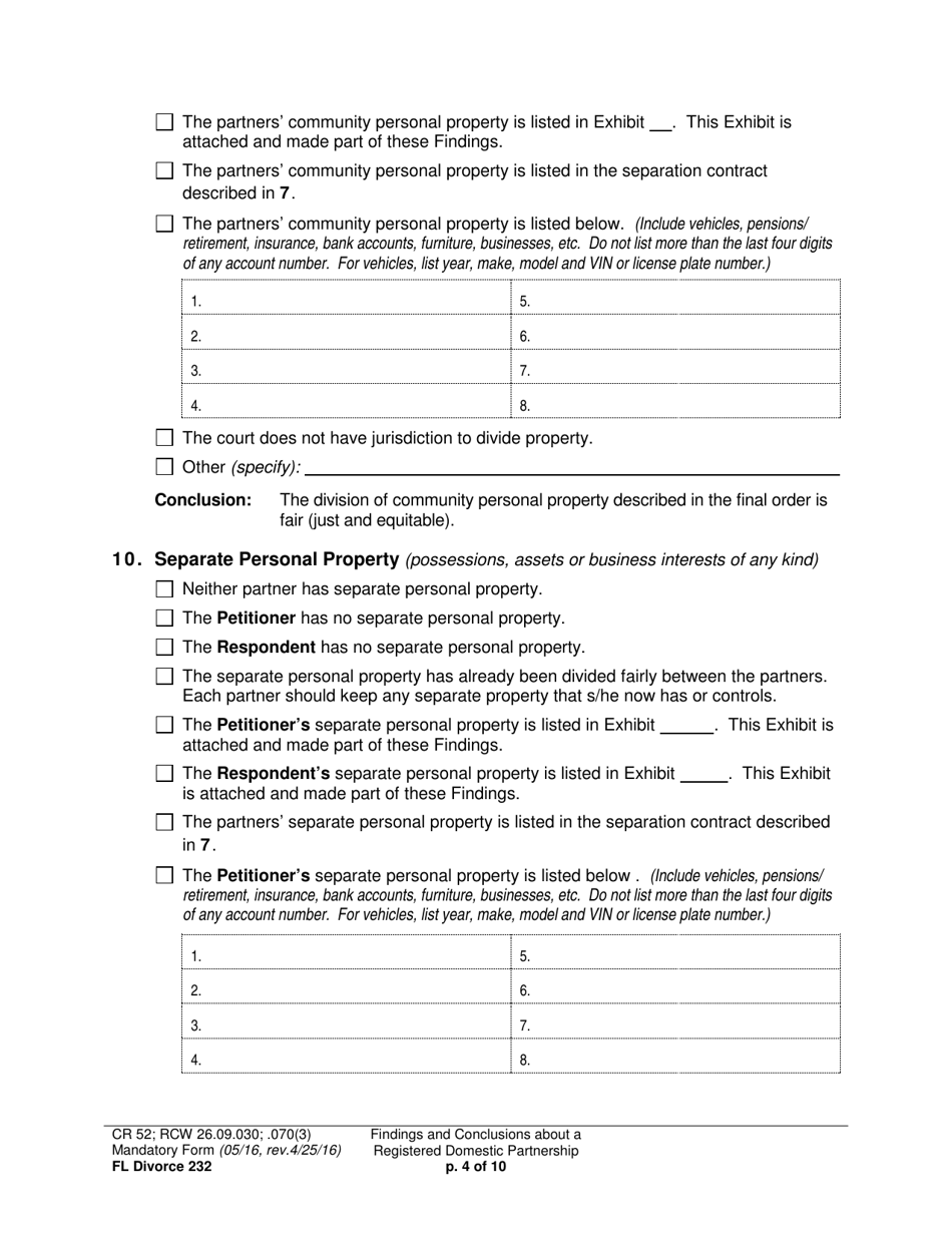 Form FL Divorce232 Findings and Conclusions About a Registered Domestic Partnership - Washington, Page 4