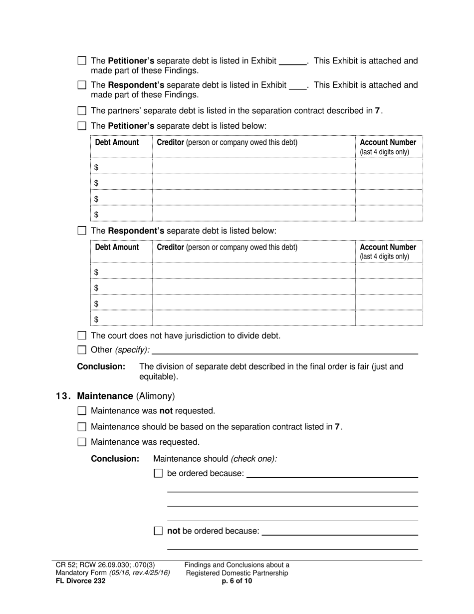 Form FL Divorce232 Findings and Conclusions About a Registered Domestic Partnership - Washington, Page 6
