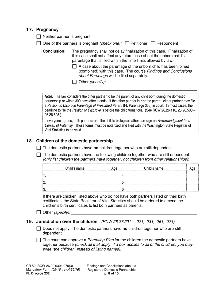 Form FL Divorce232 Findings and Conclusions About a Registered Domestic Partnership - Washington, Page 8