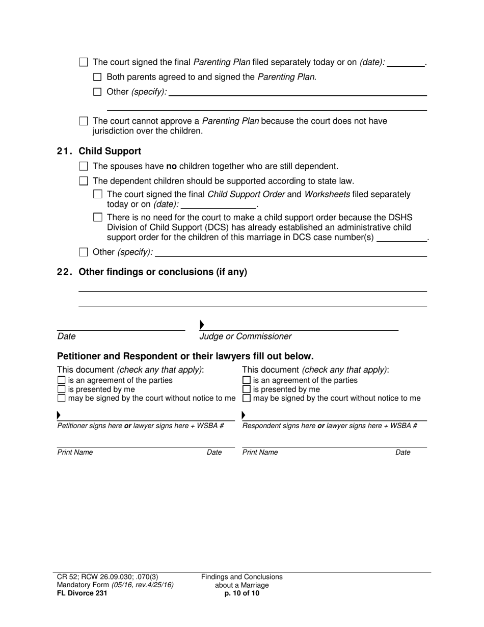 Form FL Divorce231 Findings and Conclusions About a Marriage - Washington, Page 10