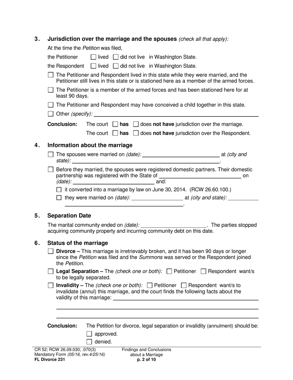 Form FL Divorce231 Findings and Conclusions About a Marriage - Washington, Page 2