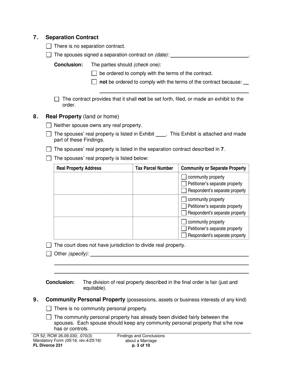 Form FL Divorce231 Findings and Conclusions About a Marriage - Washington, Page 3