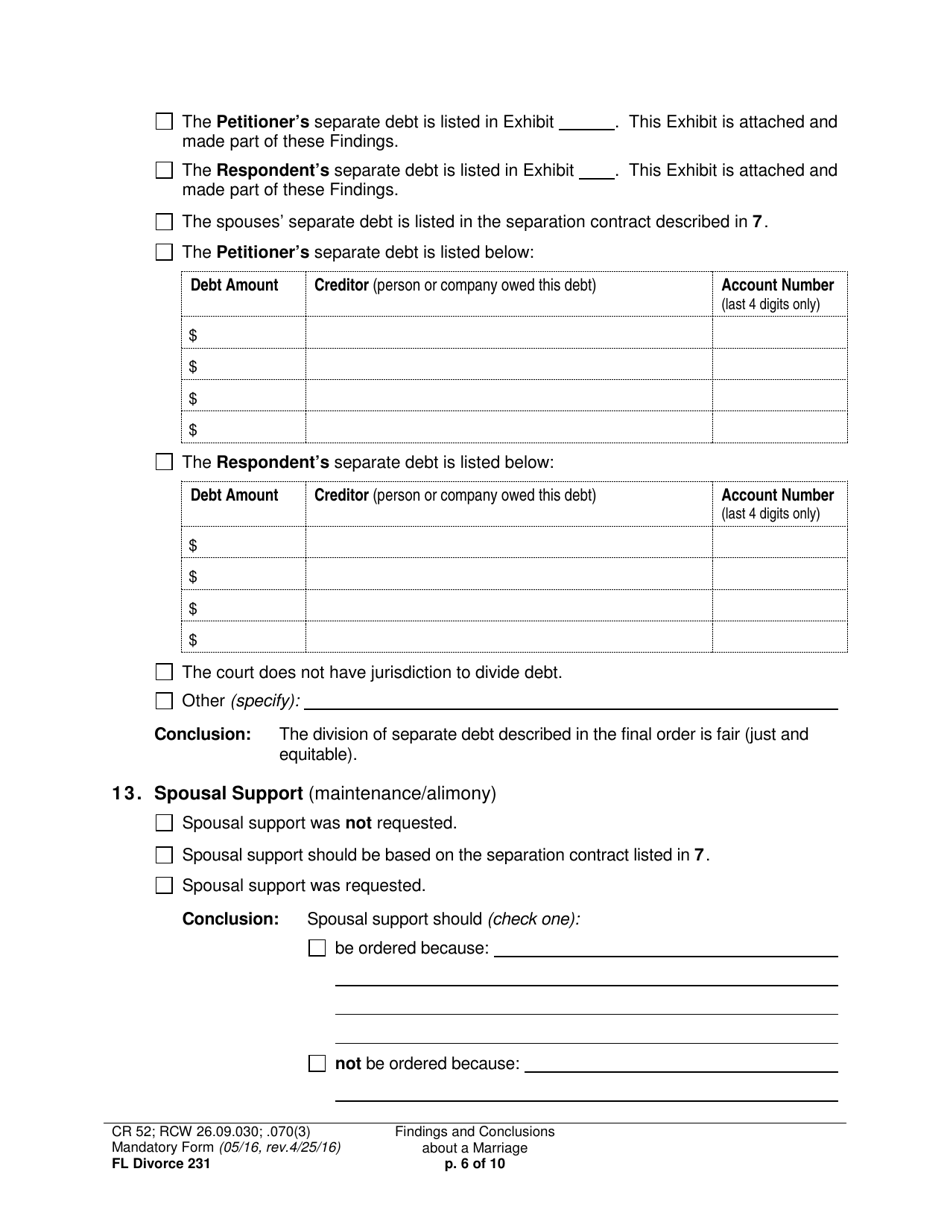 Form FL Divorce231 Findings and Conclusions About a Marriage - Washington, Page 6