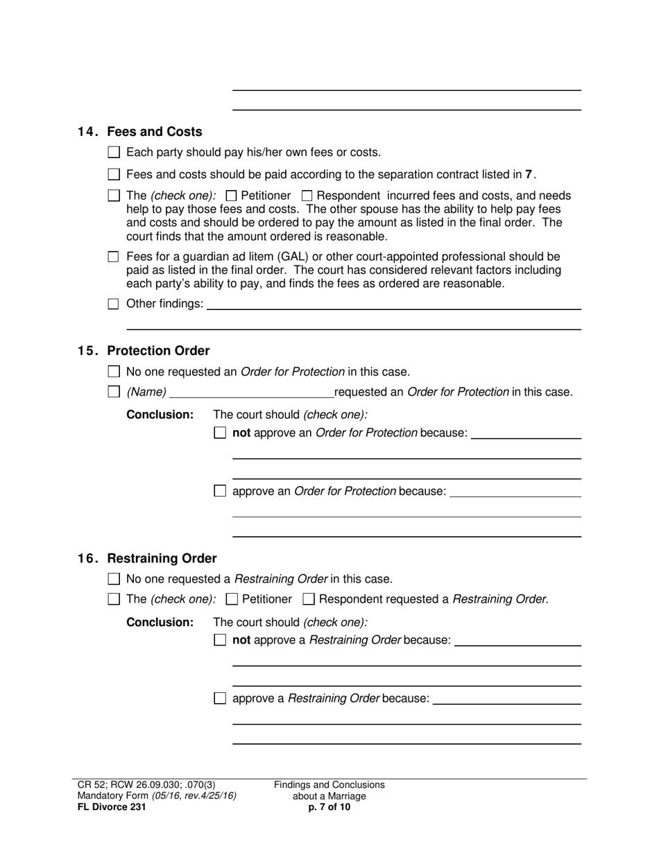 Form FL Divorce231 Findings and Conclusions About a Marriage - Washington, Page 7