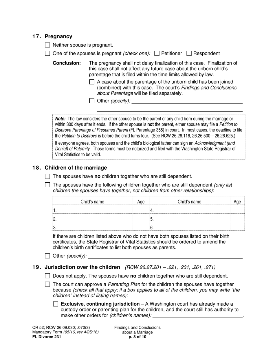 Form FL Divorce231 Findings and Conclusions About a Marriage - Washington, Page 8